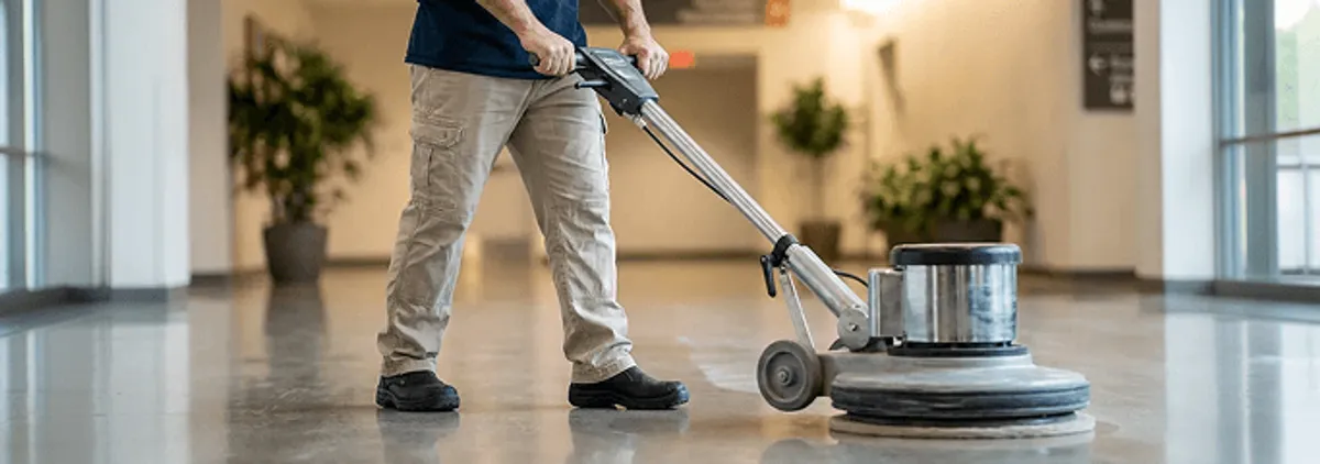 Professional technician using an industrial floor buffer to polish and maintain shiny commercial flooring in a corporate hallway in Providence, RI.